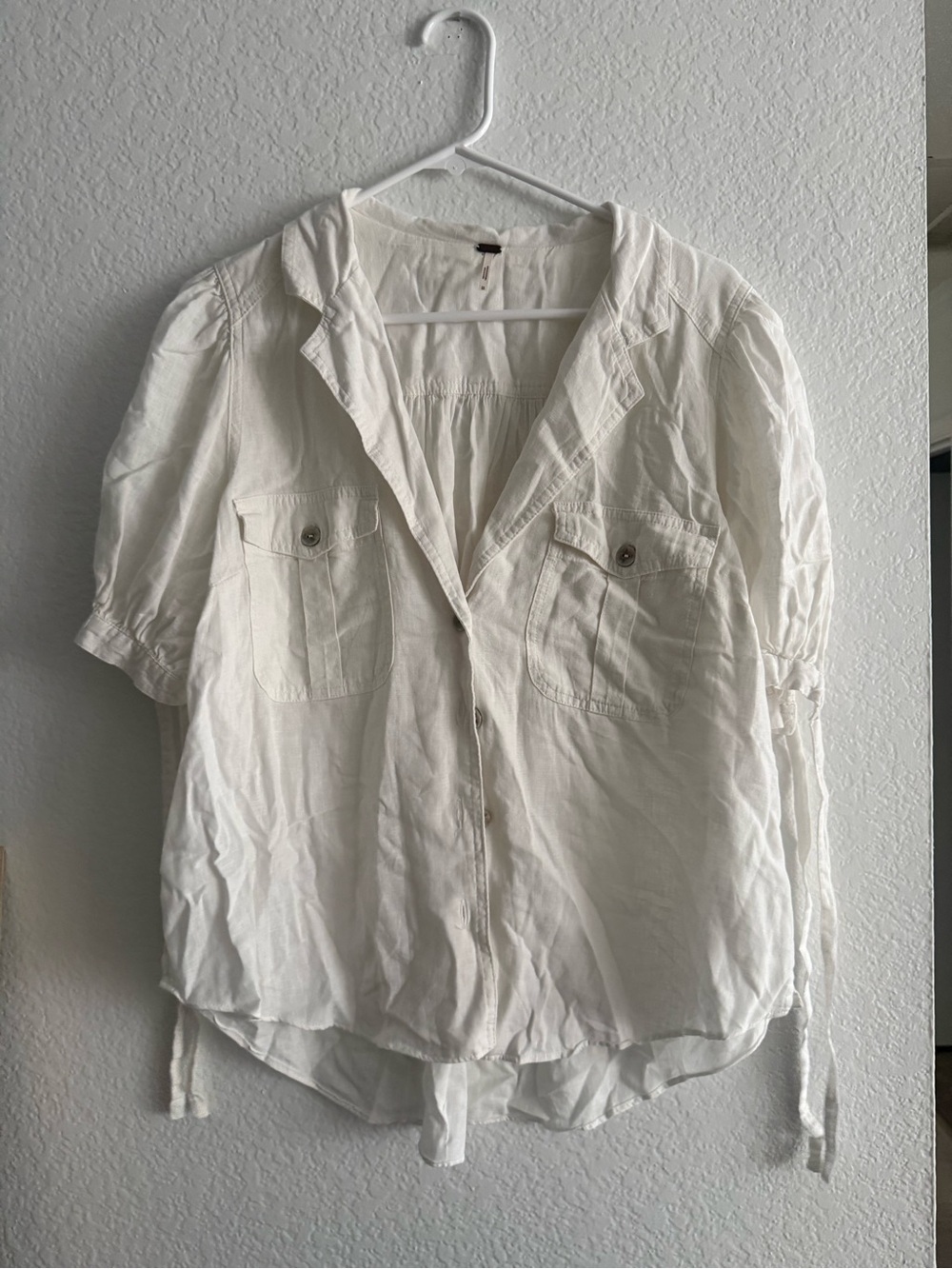 Free People Cream Button-Up Top with Metal Logo Tag